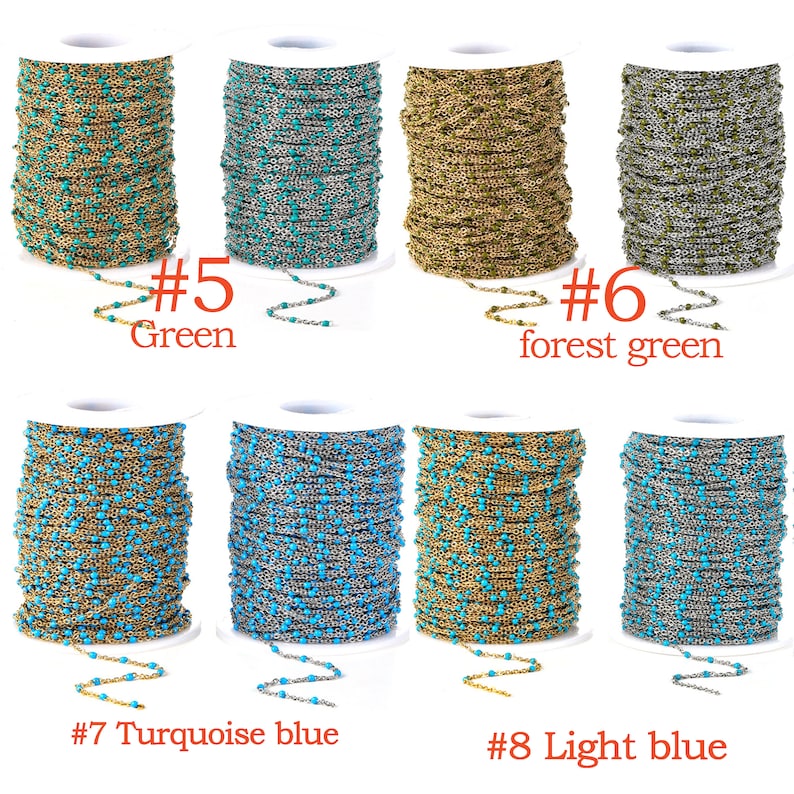 May include: Six spools of chain with different colored beads. The spools are labeled with numbers and colors, including green, forest green, turquoise blue, and light blue.