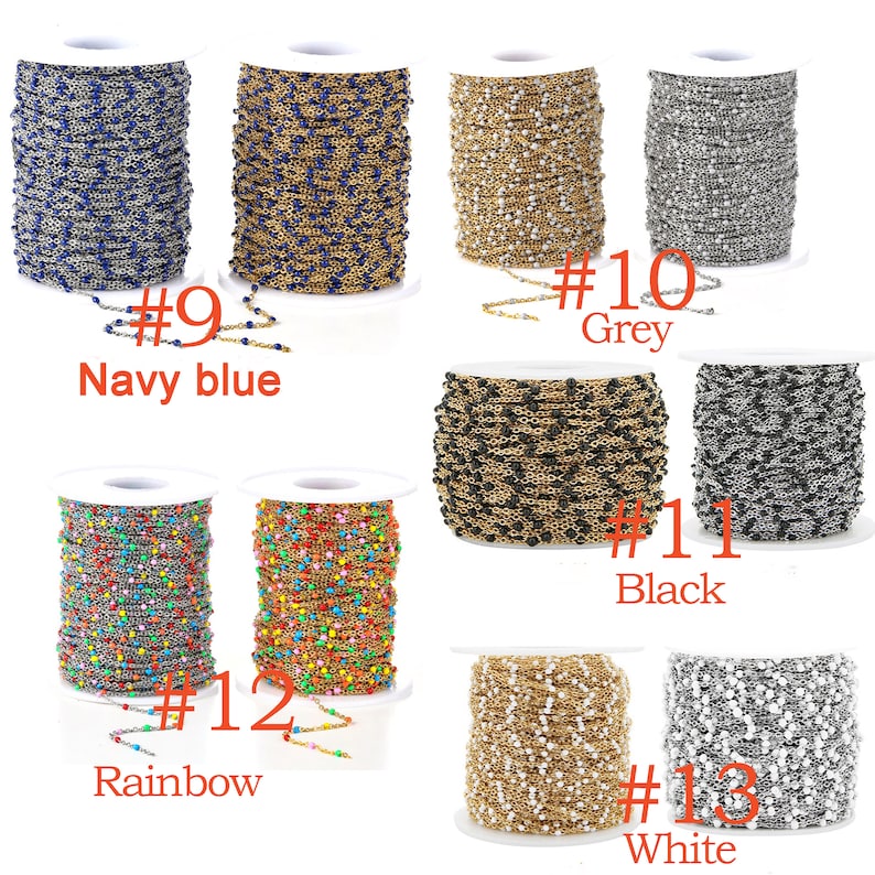 May include: Spools of chain with different colored beads. The chain is available in navy blue, grey, black, rainbow, and white. The spools are labeled with numbers 9 through 13.