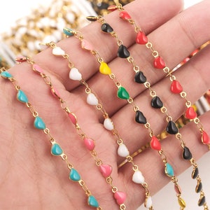 Wholesale Stainless Steel Gold Enamel Heart Chains,Enamel Rolo Cable Paperclip Chain for Customize permanent Jewelry making,Multi color
