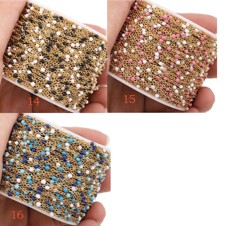 May include: Three spools of gold chain with small colored beads. The chains are black, pink, and blue.