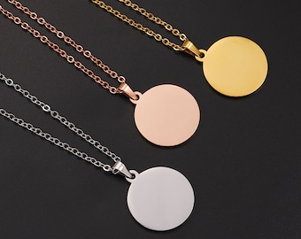 Engravable Necklace,hand stamping blanks With 45cm chain|304 Stainless Steel Round Tag Charm Pendant, blank disc pendants