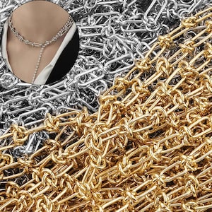 May include: A close-up of two types of chain, one gold and one silver. The chains are intertwined and create a textured background.
