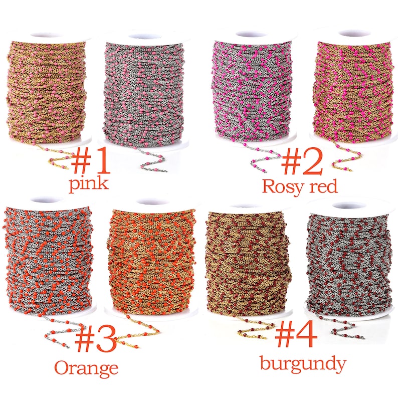 May include: Four spools of chain with different colored beads. The chain is silver with small colored beads. The colors are pink, rosy red, orange, and burgundy. The spools are labeled #1 pink, #2 Rosy red, #3 Orange, and #4 burgundy.