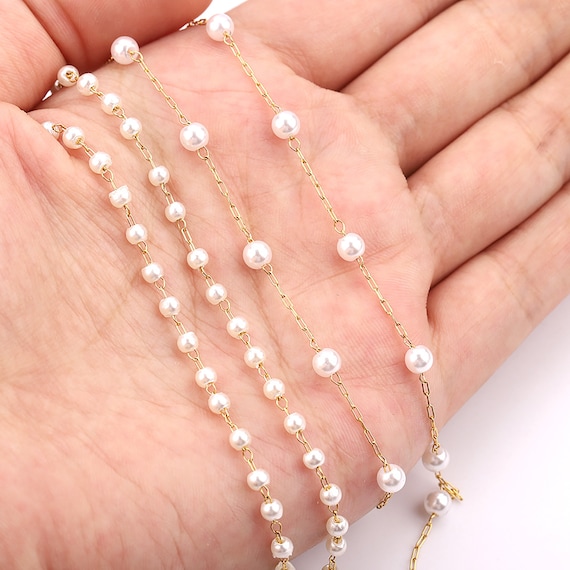 Stainless Steel Pearl Beading Chain, 18K Gold Plated, Bulk Chain on Spool
