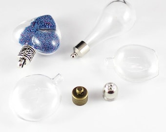 10KiTs -Large size Tear Drop Glass Bubble Ball with Bead cap Jewelry Pendant Kit, Glass Globe kits with Leaf Cover Cap