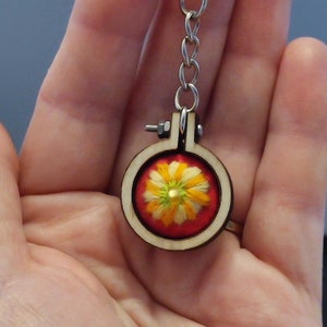 Embroidered Flower Keychain: Tiny Hand-stitched Floral Hoop