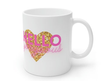 Hello Gorgeous Gold Heart Positive Coffee Cup White Ceramic Mug, 11oz and 15oz