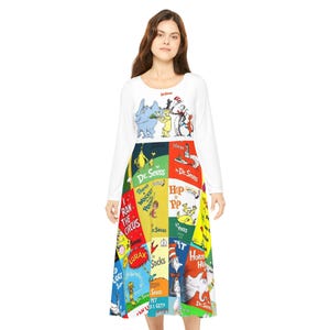 Dr. Seuss Langarm-Tanzbücher, elegantes Damenkleid, Literatur-Liebhaber-Geschenk, Vintage-inspirierte Kleidung, Lehreranerkennungs-Outfit