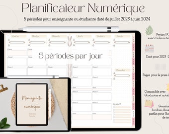 5 périodes enseignante planificateur 2023-2024 agenda numérique digitale pour goodnotes ou notability en français