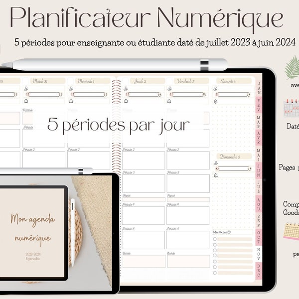 5 périodes enseignante planificateur 2023-2024 agenda numérique digitale pour goodnotes ou notability en français