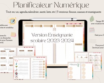 Enseignante planificateur année scolaire 2023 2024 agenda numérique digitale pour goodnotes ou notability en français