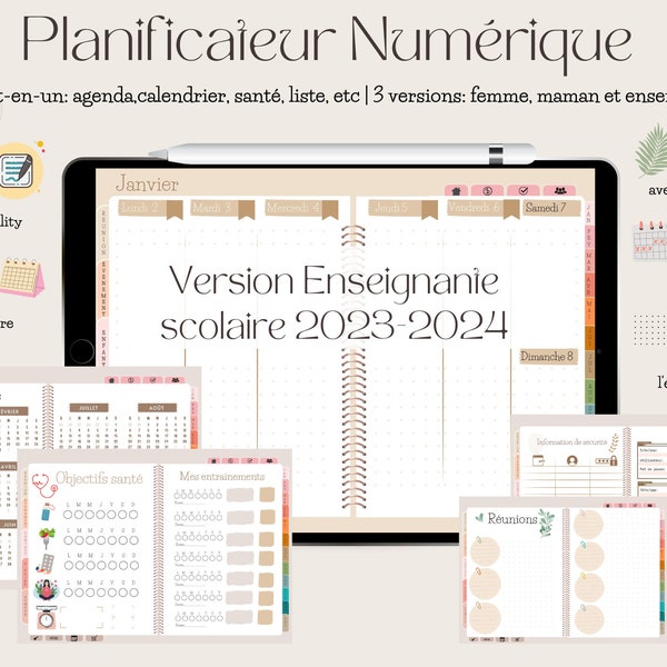Enseignante planificateur année scolaire 2023 2024 agenda numérique digitale pour goodnotes ou notability en français