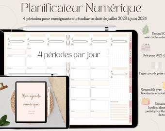 4 périodes enseignante planificateur 2023-2024 agenda numérique digitale pour goodnotes ou notability en français