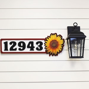 Letrero de dirección de girasol • Placa de dirección de la casa • Números de calle modernos decorativos • Exterior resistente a la intemperie • Decoración de porche para amantes de las flores amarillas