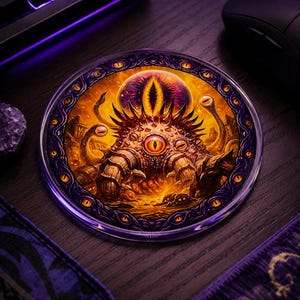May include: A circular coaster featuring a detailed illustration of a multi-eyed, tentacled creature in shades of orange and purple. The central figure is surrounded by a border of small, repeating eye motifs, set against a fiery, glowing background.