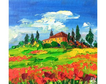 Pintura al óleo original de la Toscana: Campo de amapolas de Italia (20,3 x 20,3 cm)