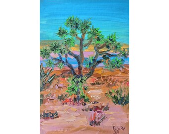 Joshua tree impasto painting Original art California painting 8/12 inches by Great ElvPainting