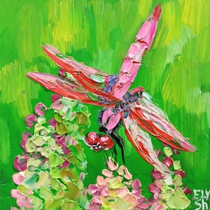 Pintura al óleo original de libélula: Arte de insectos pequeños empasteados (15,2 x 15,2 cm)