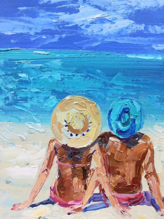 Original Beach Oil Painting: Couple Seascape Impasto Art (8x12