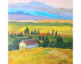 トスカーナの油絵：オリジナルのインパストアート、イタリアの風景