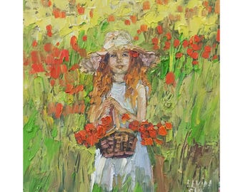 小さな女の子の絵、子供の油絵、ケシ畑の子供の絵、女の子の保育園の
