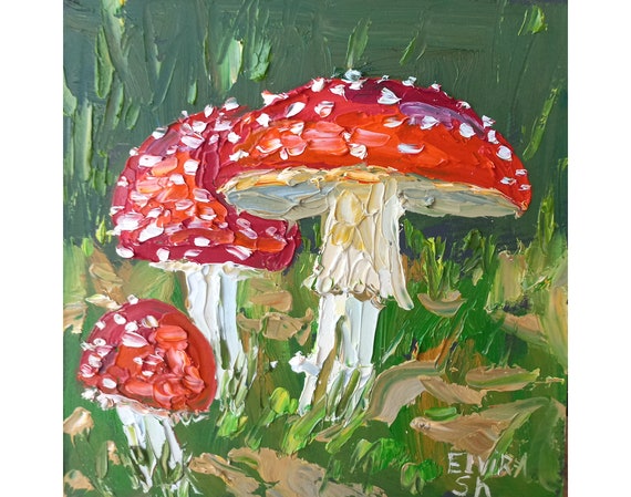 Original Fly Agaric Painting: Impasto Red Mushrooms Small Art