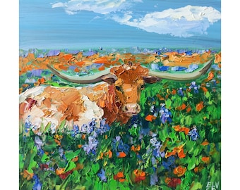 Longhorn Cow Oil Painting: Texas Bluebonnet Art (10x10 inches)