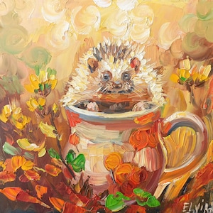 Hedgehog painting Cute Original art Animal painting Hedgehog art 8/8 inches by GreatElvPainting