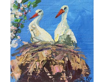 コウノトリのつがい、鳥のつがい、高品質のアート、コウノトリの油絵