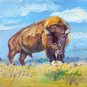 Pintura al óleo original de búfalo: Arte empasta (8/12 pulgadas)