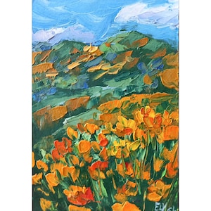 California poppy Original art Mountain painting Poppies wall art 5/7 inches by GreatElvPainting