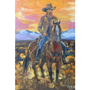 Pintura de vaquero Arte original Pintura al óleo occidental 8/12 pulgadas de GreatElvpainting