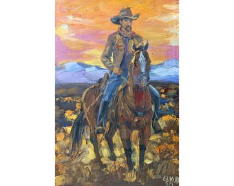Cowboy painting Original art Western oil painting 8/12 inches by GreatElvpainting