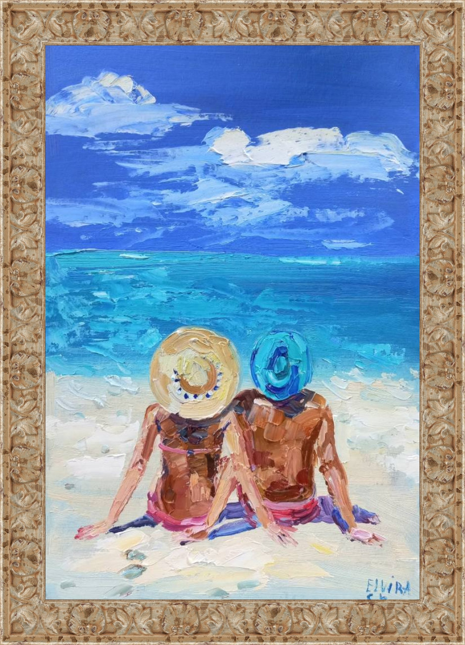 Original Beach Oil Painting: Couple Seascape Impasto Art (8x12