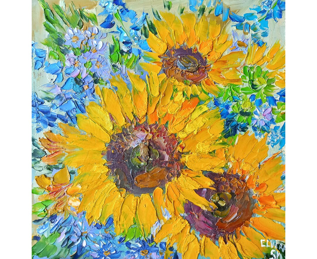 Original Sunflower Impasto Oil Painting: Floral Wall Art (10x10 Inches ...