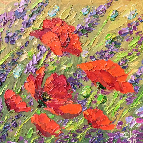 Red Poppy painting Original art Flowers impasto painting 8/8 inches by GreatElvPainting