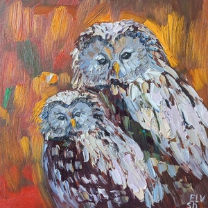 Owl painting Original art Bird wall art Wildlife painting 8/8 inches by GreatElvPainting
