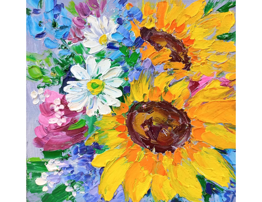 Sunflowers Painting Flower Original Art Floral Impasto Painting 6/6 ...