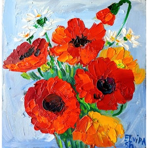Poppy painting Flowers Original art Floral wall art Impasto artwork 8/8 inches by GreatElvPainting