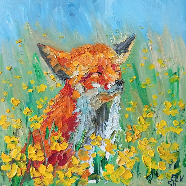 Fox painting Animal Original art Little fox Impasto painting Cute art 8/8 inches by GreatElvPainting