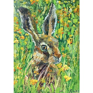 Hare painting Animal Original art Rabbit painting Wildlife Animal wall art 8/12 inches by GreatElvPainting