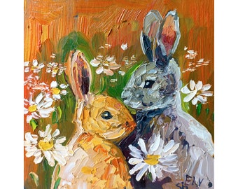 Pintura al óleo original de un conejito: Arte de animales pequeños (15 x 15 cm)