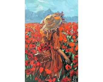 小さな女の子の絵、子供の油絵、ケシ畑の子供の絵、女の子の保育園の