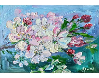 Oljemålning med blommande äppelträd: Original blomsterkonst (20x25 cm)