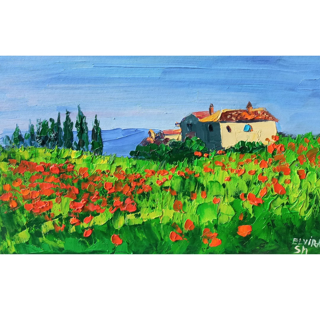 Tuscany Painting Italy Original Art Poppy Field Wall Art 12/8 Inches by ...