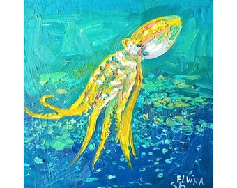 タコの絵画：オリジナル油絵、水中保育アート（10 x 10インチ） - Etsy