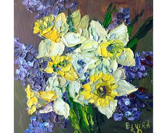 Yellow Daffodils Oil Painting: Small Floral Still Life Art (6x6 inches)