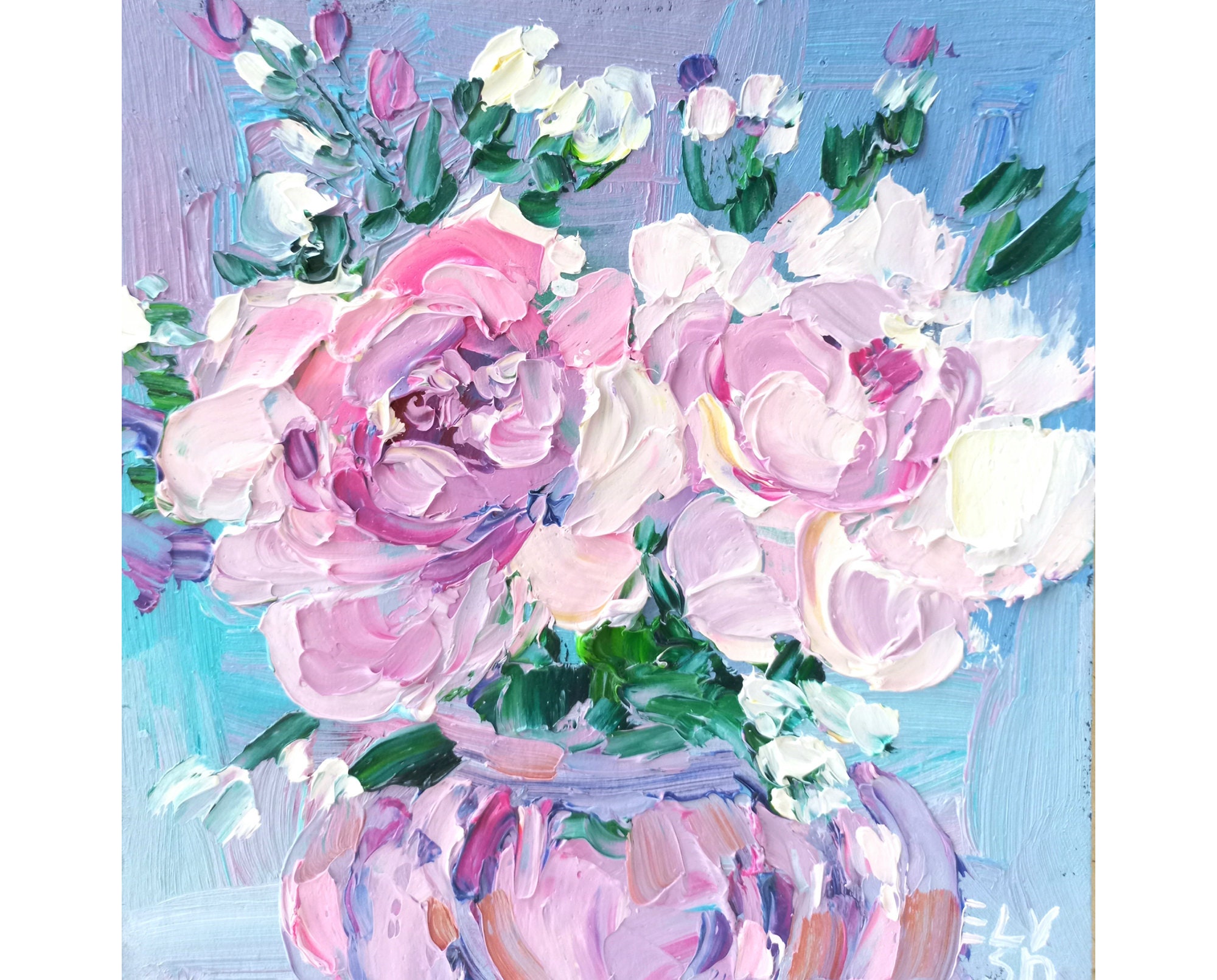 Beautiful Floral Painting With Ranunculus and Hydrangeas 4x4 Inch Mini  Canvas Art 