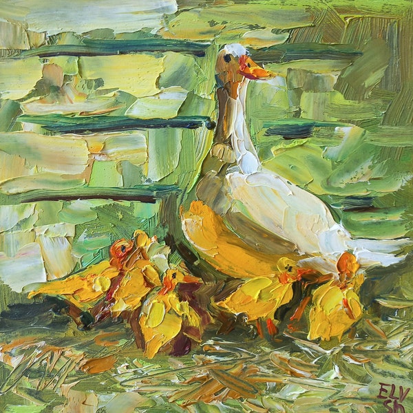 Duck painting Original art Duckling painting Bird wall art Farm Animal art 8/8 inches by GreatElvPainting