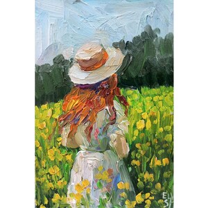 Girl painting Children Original art Field painting Girl wall art 5/7 inches by GreatElvPainting